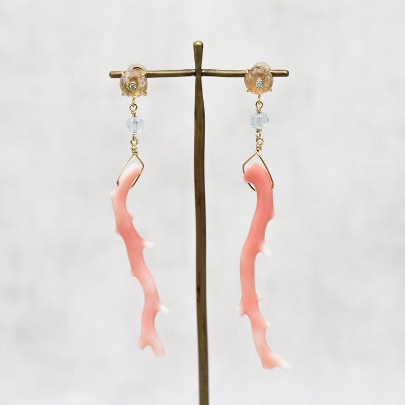 枝珊瑚 × サンストーン × アクアマリン　ピアス