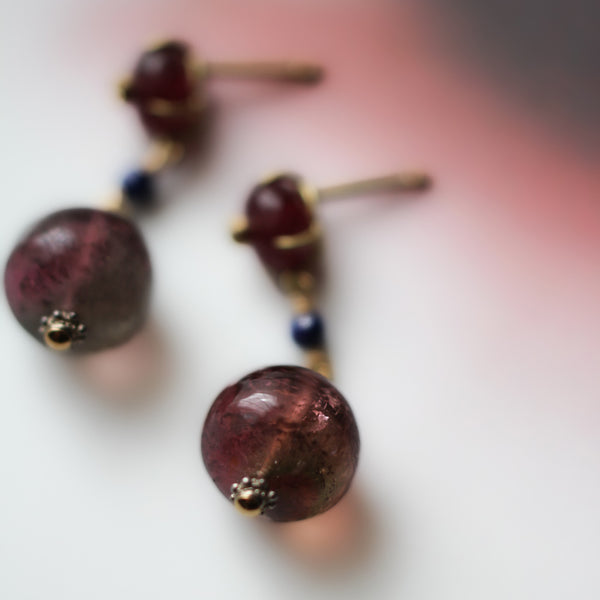 トルマリンクォーツ×ルビーピアス 彼女へのプレゼント K18YG ルビー&ローズクォーツ&ピンクトルマリン